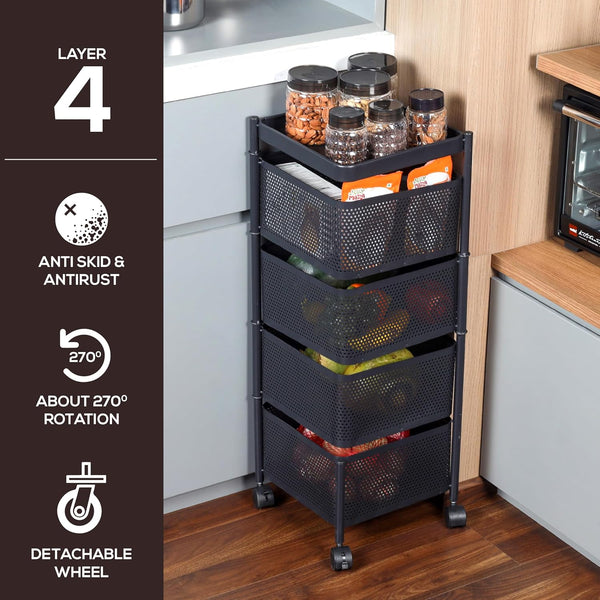 4-Tier Mesh Storage Trolley with Swivel Baskets