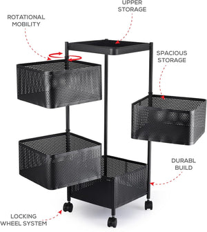 4-Tier Mesh Storage Trolley with Swivel Baskets