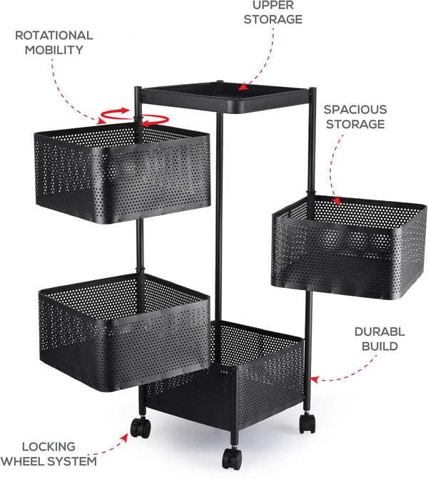 4-Tier Mesh Storage Trolley with Swivel Baskets