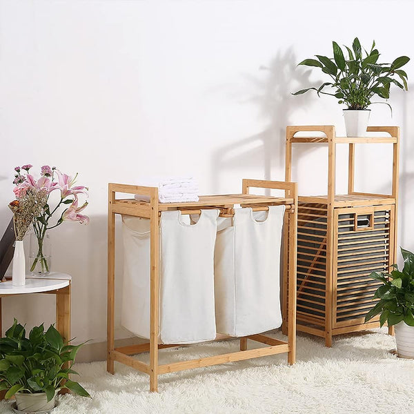 Bamboo Laundry Basket with 2 Collapsible Pull-Out Hampers