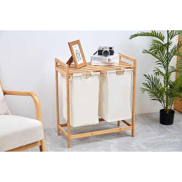 Bamboo Laundry Basket with 2 Collapsible Pull-Out Hampers