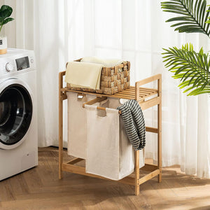 Bamboo Laundry Basket with 2 Collapsible Pull-Out Hampers