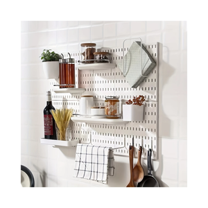 Wall-Mounted Pegboard Organizer with Hooks and Bins