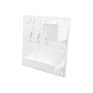 Wall-Mounted Pegboard Organizer with Hooks and Bins