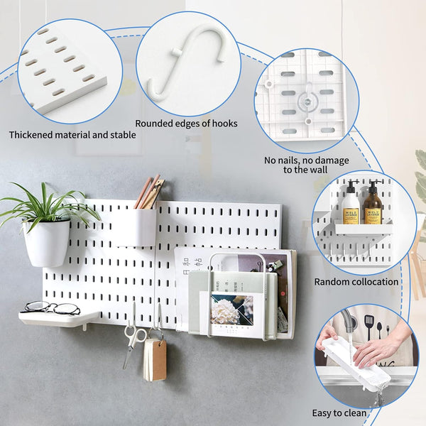 Wall-Mounted Pegboard Organizer with Hooks and Bins