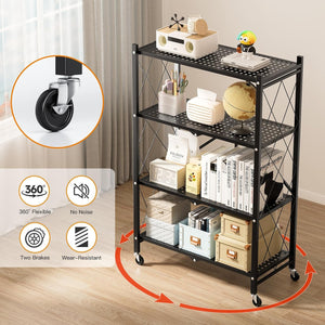 Foldable 4-Tier Metal Utility Shelf with Wheels