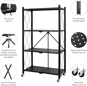 Foldable 4-Tier Metal Utility Shelf with Wheels