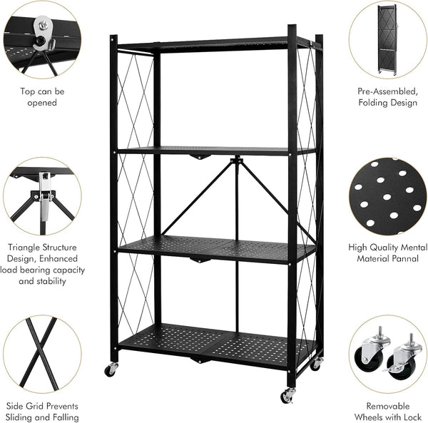 Foldable 4-Tier Metal Utility Shelf with Wheels