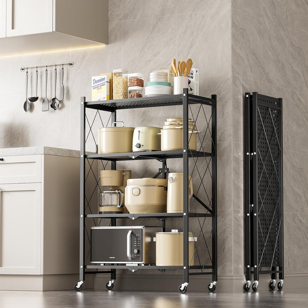 Foldable 4-Tier Metal Utility Shelf with Wheels
