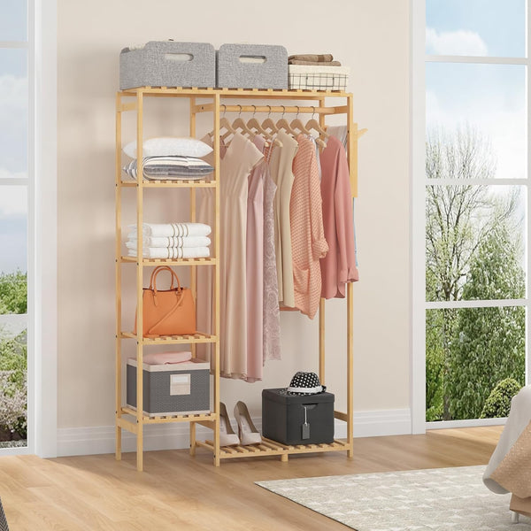 Bamboo Freestanding Garment Rack with Shelves