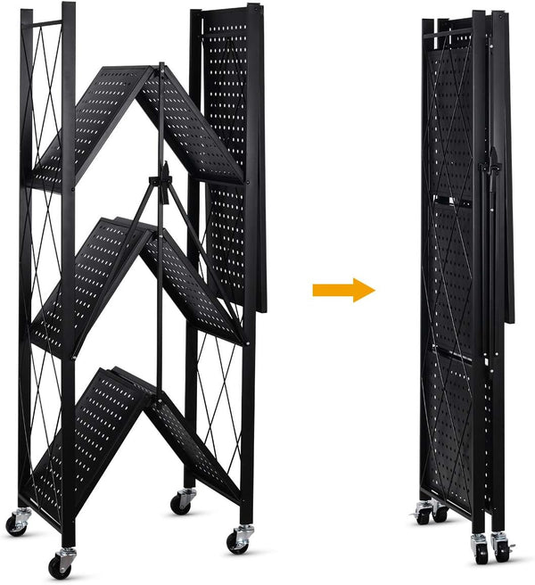 Foldable 4-Tier Metal Utility Shelf with Wheels