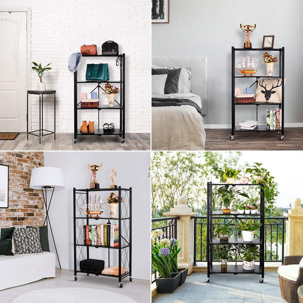 Foldable 4-Tier Metal Utility Shelf with Wheels
